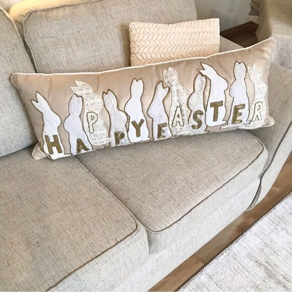 Bella Lux Gold Bead Lace Bunny Appliqué Happy Easter Decorative Accent Pillow - Picture 1 of 11